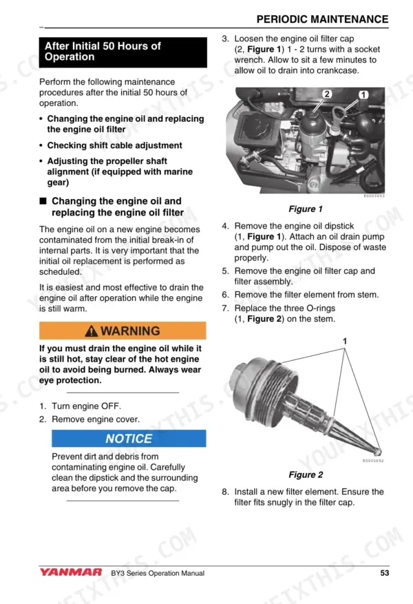 Yanmar 4BY3-150, 4BY3-150Z, 4BY3-180, 4BY3-180Z, 6BY3-220, 6BY3-220Z, 6BY3-260, 6BY3-260Z engine oil filter change procedure.
