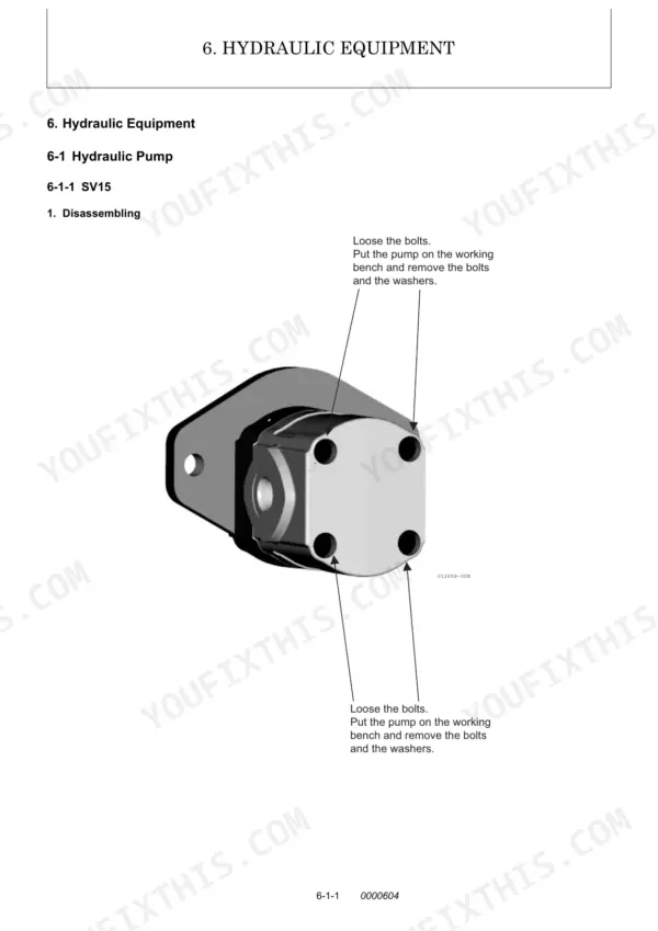 0a64f0b8-b-procedures-103 Yanmar SV15 and SV17 (including the EX) hydraulic pump disassembly procedure showing bolt and washer removal diagram.