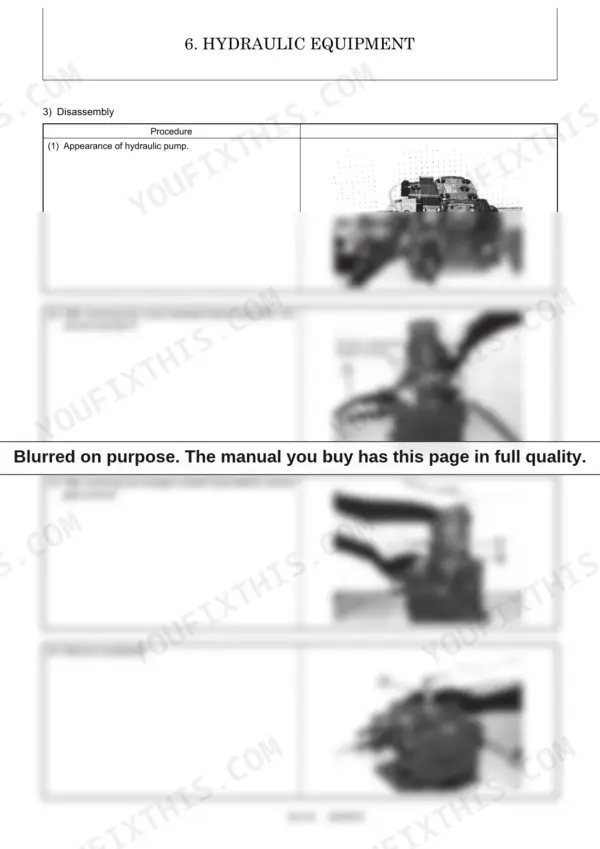 Yanmar C30R-2 hydraulic pump disassembly procedure showing harness, gear pump, and coupling removal steps.