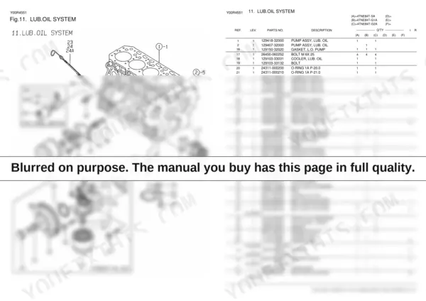 Yanmar 4TNE84T lubricating oil system exploded view diagram and parts list table.