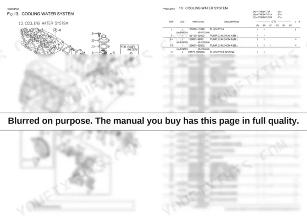 Yanmar 4TNE84T cooling water system exploded view diagram and parts list table.