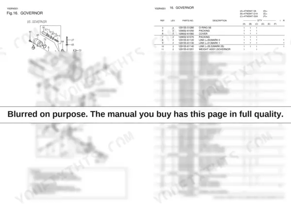 Yanmar 4TNE84T governor exploded view diagram and parts list with reference numbers.
