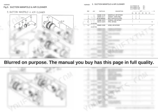 Yanmar 4TNE84T exploded view diagram and parts list for suction manifold and air cleaner.