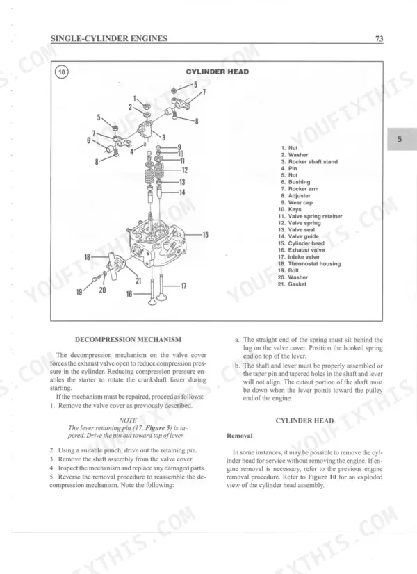0eedb2e5-b-exploded-view-79 Yanmar 1GM, 2GM, 3GM, 3HM cylinder head exploded view and decompression mechanism repair procedure.