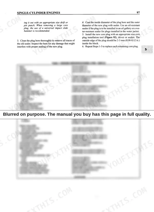 Yanmar 1GM core plug installation and engine specifications table.
