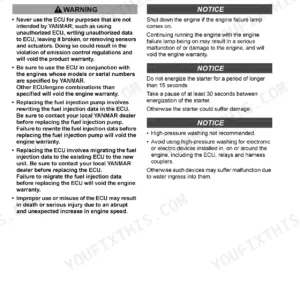 Yanmar 3TNV74F, 3TNV76F, 3TNV80F, 3TNV80FT, 3TNV88F, 3TNM74F electronic control system warnings and starter operation notices.