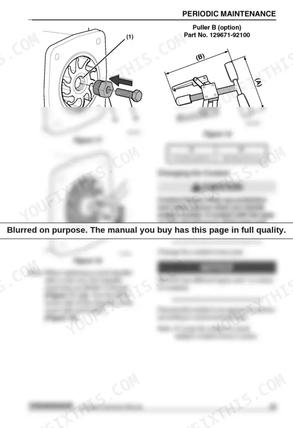 Yanmar 3JH5E, 4JH5E, 4JH4-TE, 4JH4-HTE1, 4JH4-HTE impeller removal diagrams and coolant change maintenance procedures.