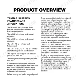Yanmar 3JH5E, 4JH5E, 4JH4-TE, 4JH4-HTE1, 4JH4-HTE product overview page detailing engine features, applications, and usage.