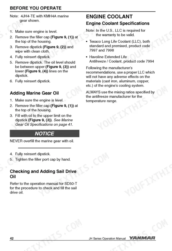 Yanmar 3JH5E, 4JH5E, 4JH4-TE, 4JH4-HTE1, 4JH4-HTE procedures for checking marine gear oil and engine coolant specifications.