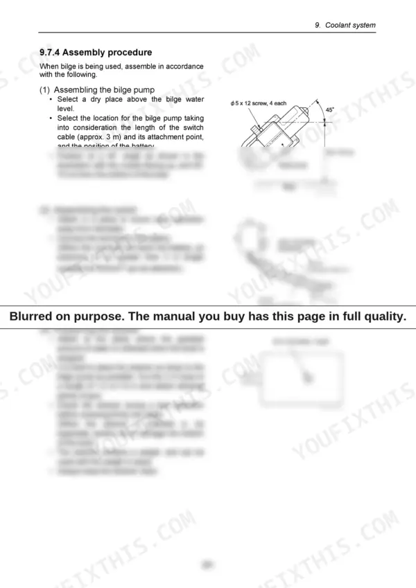 Yanmar 3JH4E, 4JH4E, 4JH4-TE, 4JH4-HTE bilge pump, switch, and strainer assembly procedure diagrams and instructions.