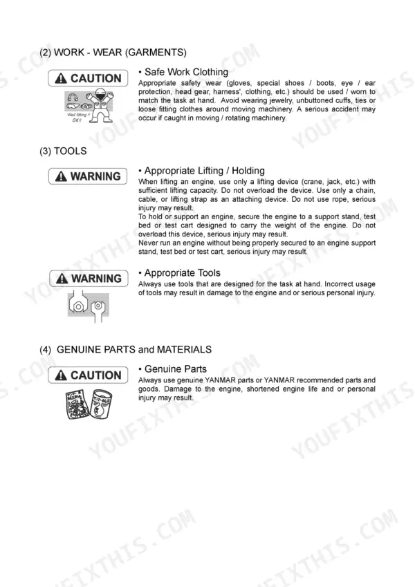 116ce953-b-safety-14 Yanmar 3JH4E, 4JH4E, 4JH4-TE, 4JH4-HTE safety manual page covering work clothing, lifting, tools, and genuine parts usage.