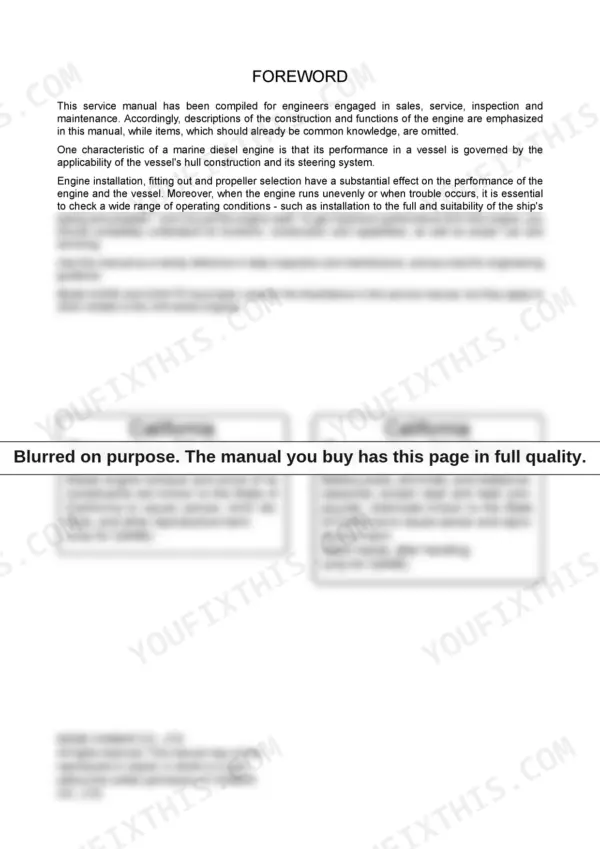 Yanmar 3JH4E, 4JH4E, 4JH4-TE, 4JH4-HTE service manual foreword page with California Proposition 65 safety warnings.