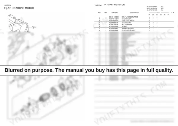 Yanmar 3TNV series parts catalog page - starting motor exploded view and parts list
