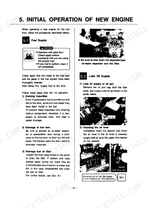 Yanmar 6CX(M)-ETE initial engine operation procedures for fuel supply, draining impurities, and lube oil supply.