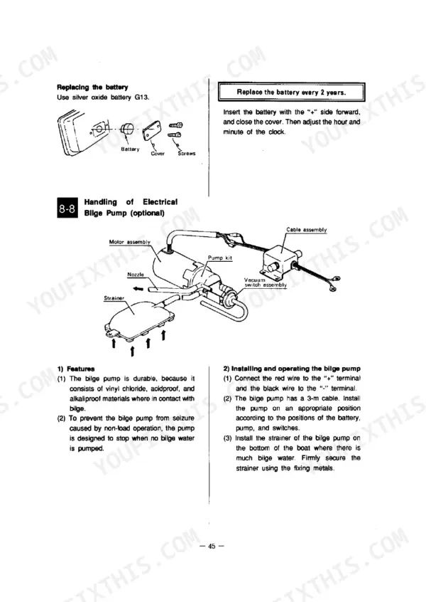 Yanmar 6CX(M)-ETE manual page showing battery replacement steps and electrical bilge pump installation diagram.