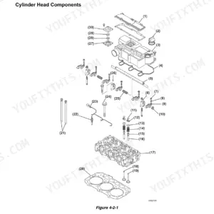 Yanmar SV18 engine cylinder head exploded view diagram showing valve train, rocker arms, and head gasket components.
