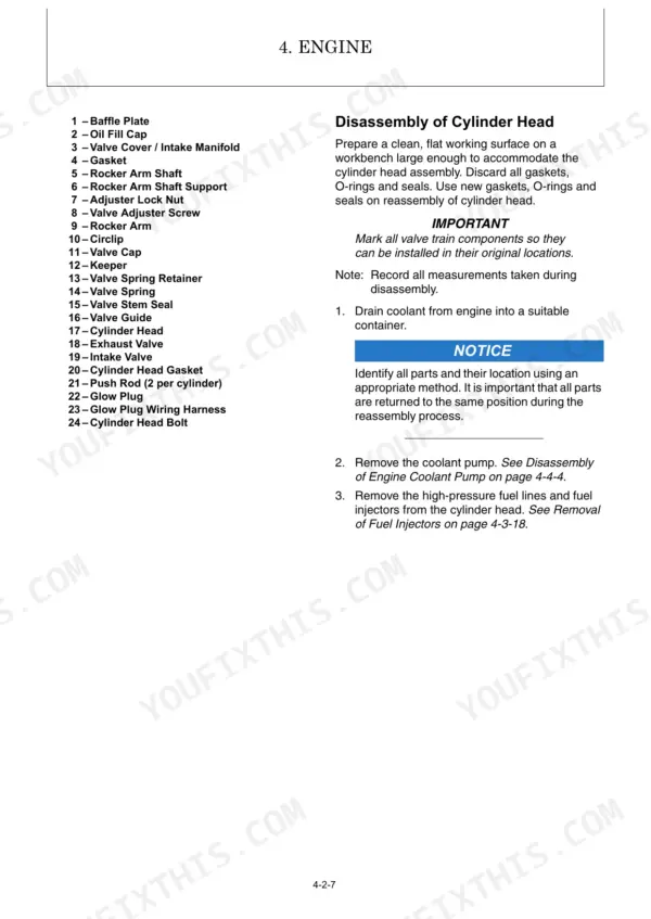 Yanmar SV18 engine service manual: cylinder head disassembly procedure and parts list for valve train components.