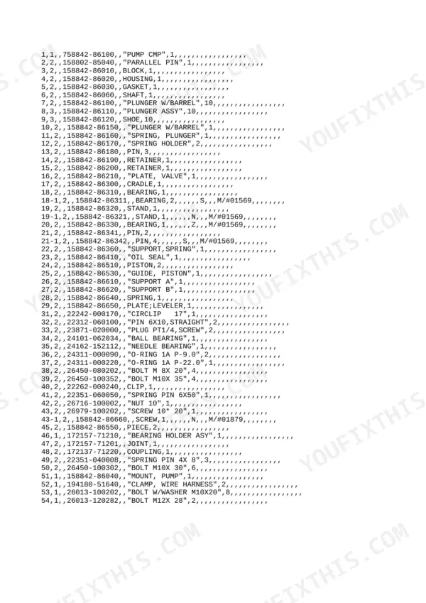 Yanmar VIO10 hydraulic pump parts list — components and hardware.