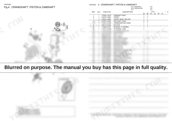 Yanmar L100N6-MTM, L100N6-METMR exploded view of crankshaft, piston, and camshaft with corresponding parts list table.