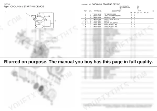 Yanmar L100N6-MTM, L100N6-METMR exploded view parts diagram and list for the cooling and starting device assembly.