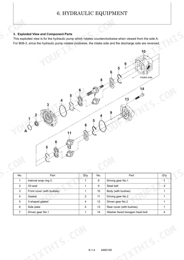 1cbf6696-b-exploded-view-131 Yanmar SV08-1 hydraulic pump exploded view diagram and parts list with component numbers 1 through 14.