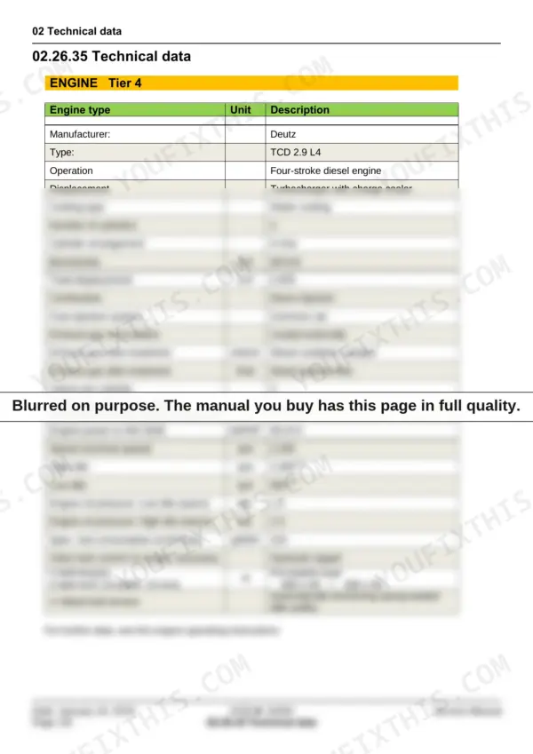 Yanmar V100 technical data table for Deutz TCD 2.9 L4 Tier 4 engine specifications, including oil pressure and belt tension.