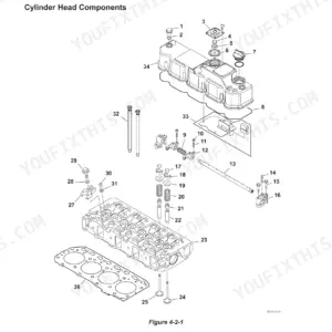 Yanmar V7, V8 engine cylinder head exploded view diagram showing rocker arms, valves, springs, and head gasket components.