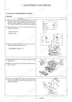 1e8a0e2b-b-procedures-207 Yanmar SV20 engine removal procedure, showing hydraulic oil and cooling water drain, panel removal, and battery disconnection.