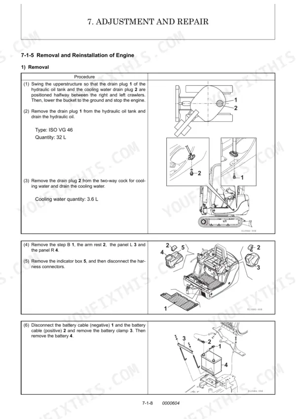Yanmar SV20 engine removal procedure, showing hydraulic oil and cooling water drain, panel removal, and battery disconnection.