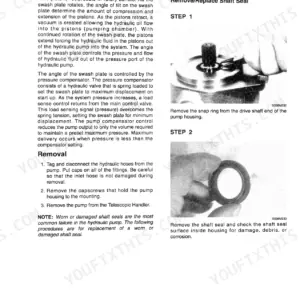 Case 689G Telescopic Handler hydraulic pump shaft seal removal and replacement procedure steps and diagrams.