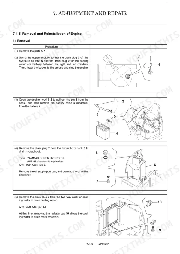 Yanmar ViO30-2, ViO35-2 engine removal procedure showing hydraulic oil and coolant drainage steps with component diagrams.