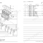 Yanmar 4TNV84-GGE cylinder block exploded view diagram and parts list with bearings, plugs, and head studs.