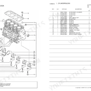 Yanmar 4TNV84-GGE cylinder block exploded view diagram and parts list with bearings, plugs, and head studs.
