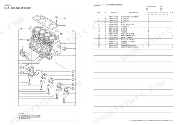 259f5448-b-parts-list-3 Yanmar 4TNV84-GGE cylinder block exploded view diagram and parts list with bearings, plugs, and head studs.