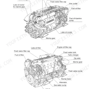 Yanmar 6LYA-STP, 6LY2A-STP engine component identification diagram showing turbo, filters, pumps, and marine gear.