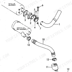 Yanmar B50-P(R), B50-O(R), B50, B50-C(R), YANMAR CRAWLER BACKHOE exploded view of inlet hose, air cleaner, and exhaust silencer.