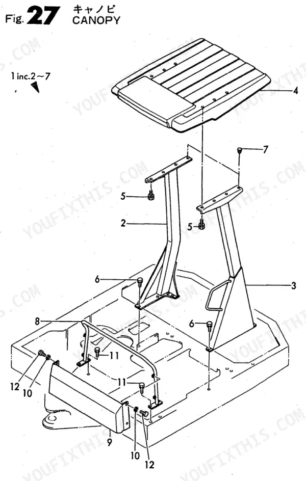 Yanmar B50-P(R), B50-O(R), B50, B50-C(R), YANMAR CRAWLER BACKHOE exploded view diagram of the canopy and mounting hardware.