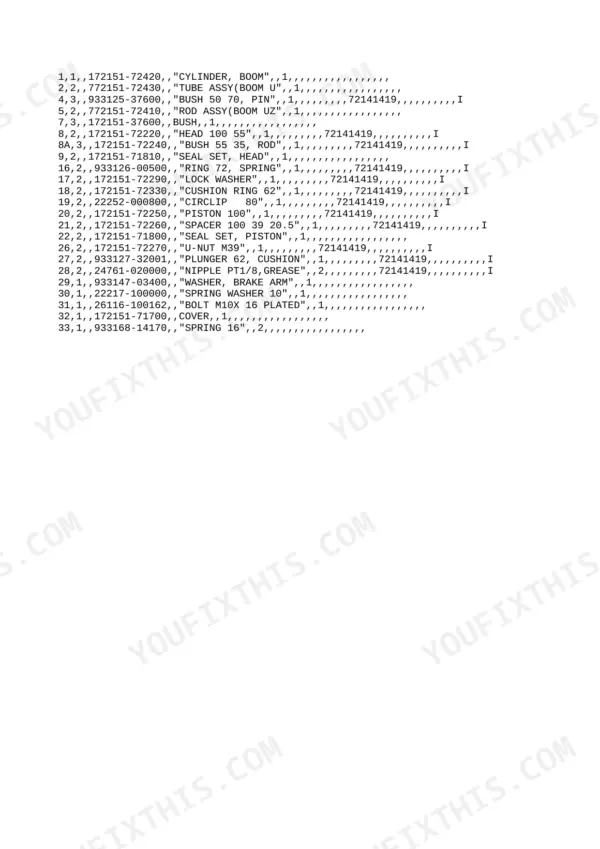 Yanmar B50 Crawler Backhoe parts list for boom cylinder components and seals.