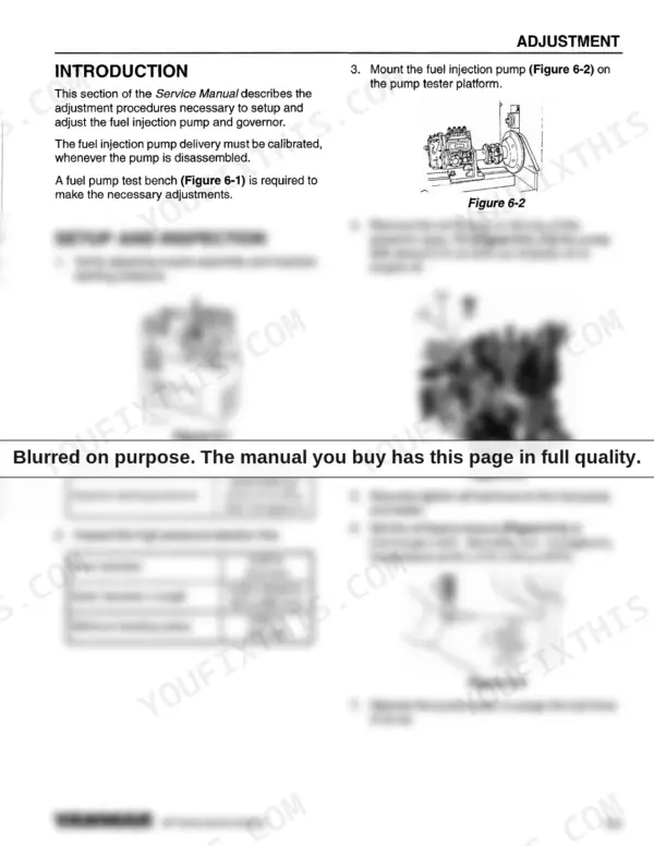 Yanmar 3TNV82A/84(T)/88, 4TNV84(T)/88, 4TNV94/98(T)106(T), MP series, MP2, MP4 fuel injection pump adjustment procedures.