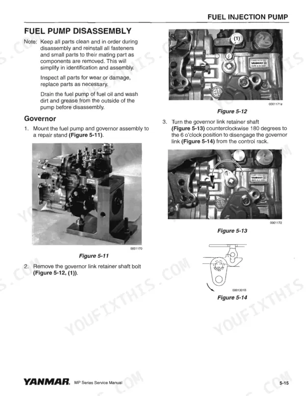 26e124e7-b2-procedures-57 Yanmar 3TNV82A/84(T)/88, 4TNV84(T)/88, 4TNV94/98(T)106(T), MP series, MP2, MP4 fuel injection pump governor disassembly steps.
