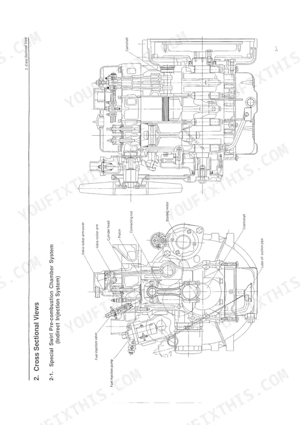 2ad43d33-b-exploded-view-20 Yanmar TNE series, TNV series cross-sectional view of the special swirl pre-combustion chamber engine system.