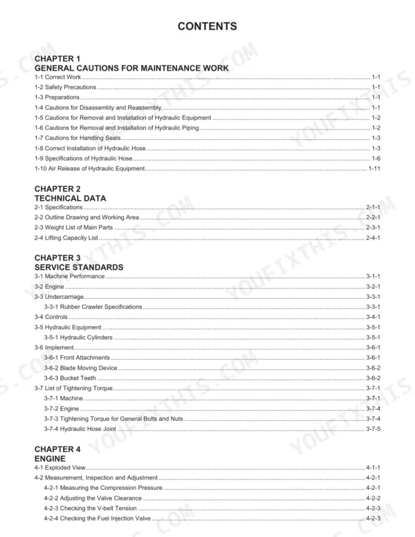 Manitou America Z17/170Z service manual table of contents for chapters 1-4 covering maintenance, technical data, and engine.