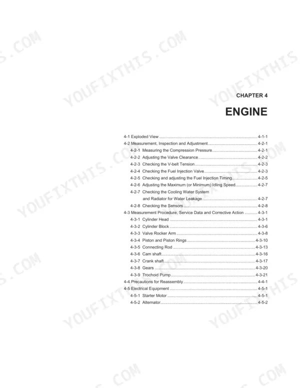 Manitou America Z17/170Z service manual Chapter 4 Engine table of contents for maintenance and repair procedures.