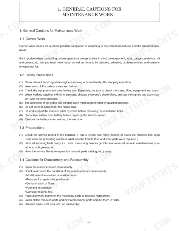 2ce310d5-b3-safety-10 Manitou America Z17/170Z service manual page detailing general maintenance cautions, safety precautions, and disassembly procedures.