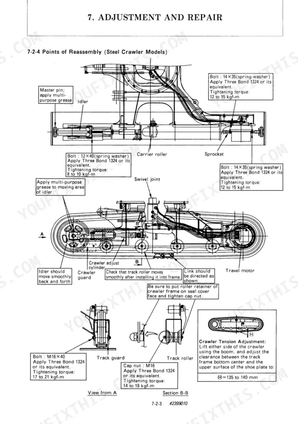 Yanmar ViO40-1 steel crawler reassembly diagram showing torque specs, grease points, and track tension adjustment procedures.