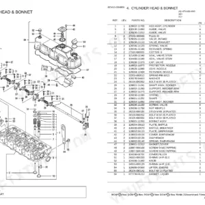 Yanmar 4TNV88-XMS, 4TNV88-XMS (GEHL) cylinder head and bonnet exploded view diagram and parts list table.