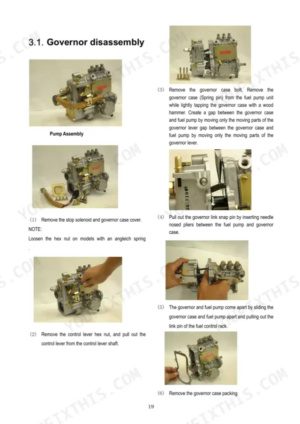 Yanmar YPES-ML series governor disassembly procedure steps showing fuel pump and governor case separation.