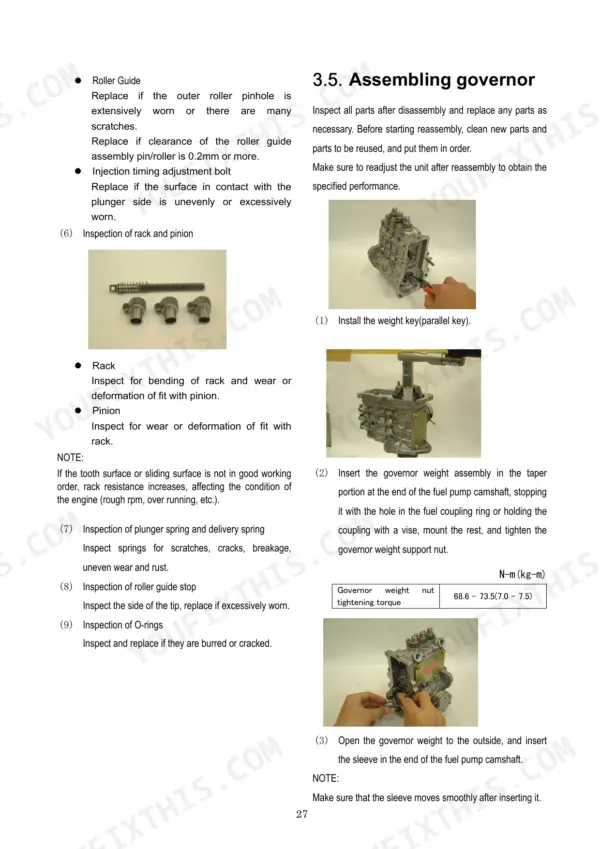 Yanmar YPES-ML series fuel pump governor assembly procedures, inspection steps, and weight nut torque table.
