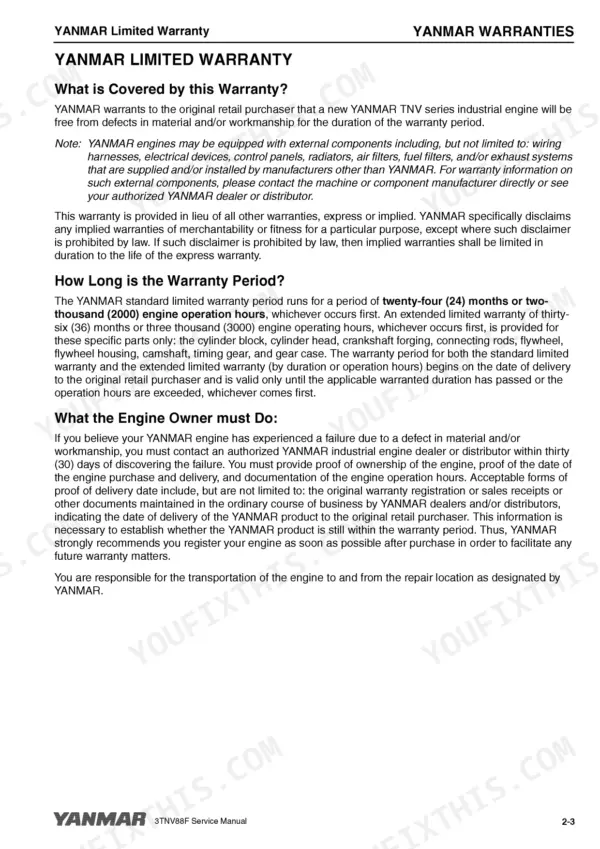 Yanmar 3TNV88F service manual page detailing limited warranty coverage, periods, and owner responsibilities.