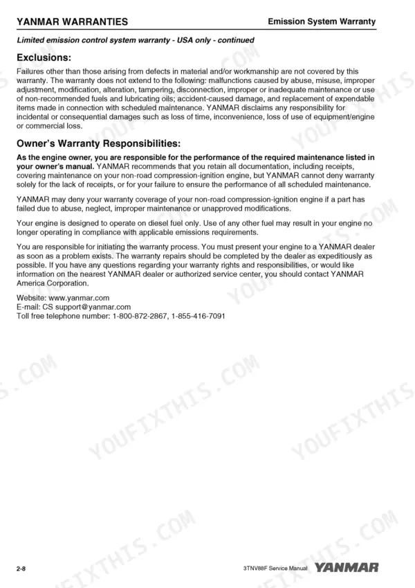 Yanmar 3TNV88F service manual page detailing emission system warranty exclusions and owner responsibilities.